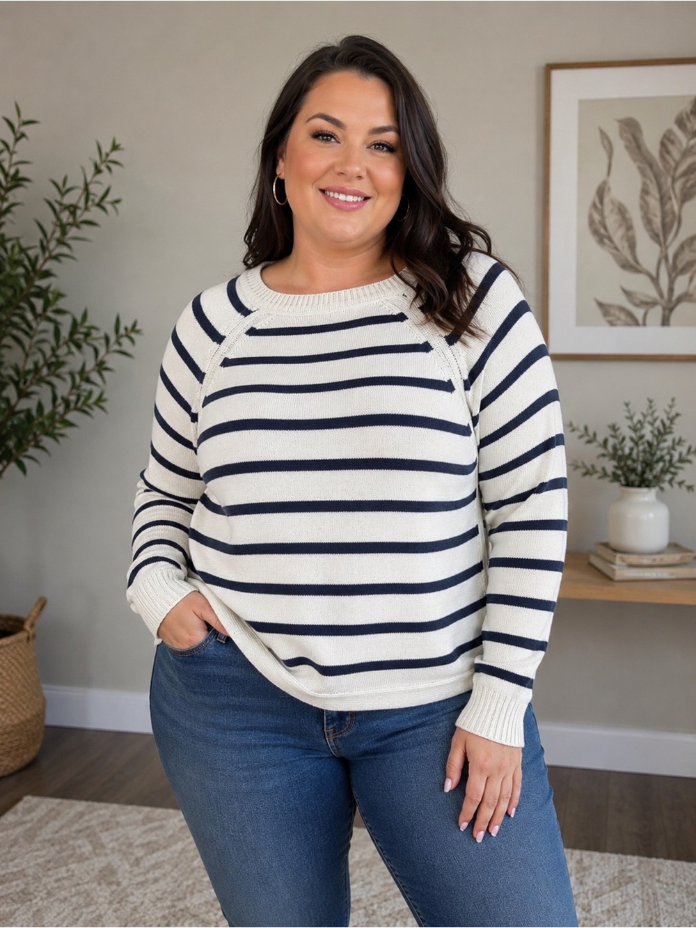 ARDENE Women’s Striped Knit Sweater – Size Large – Cream & Navy
